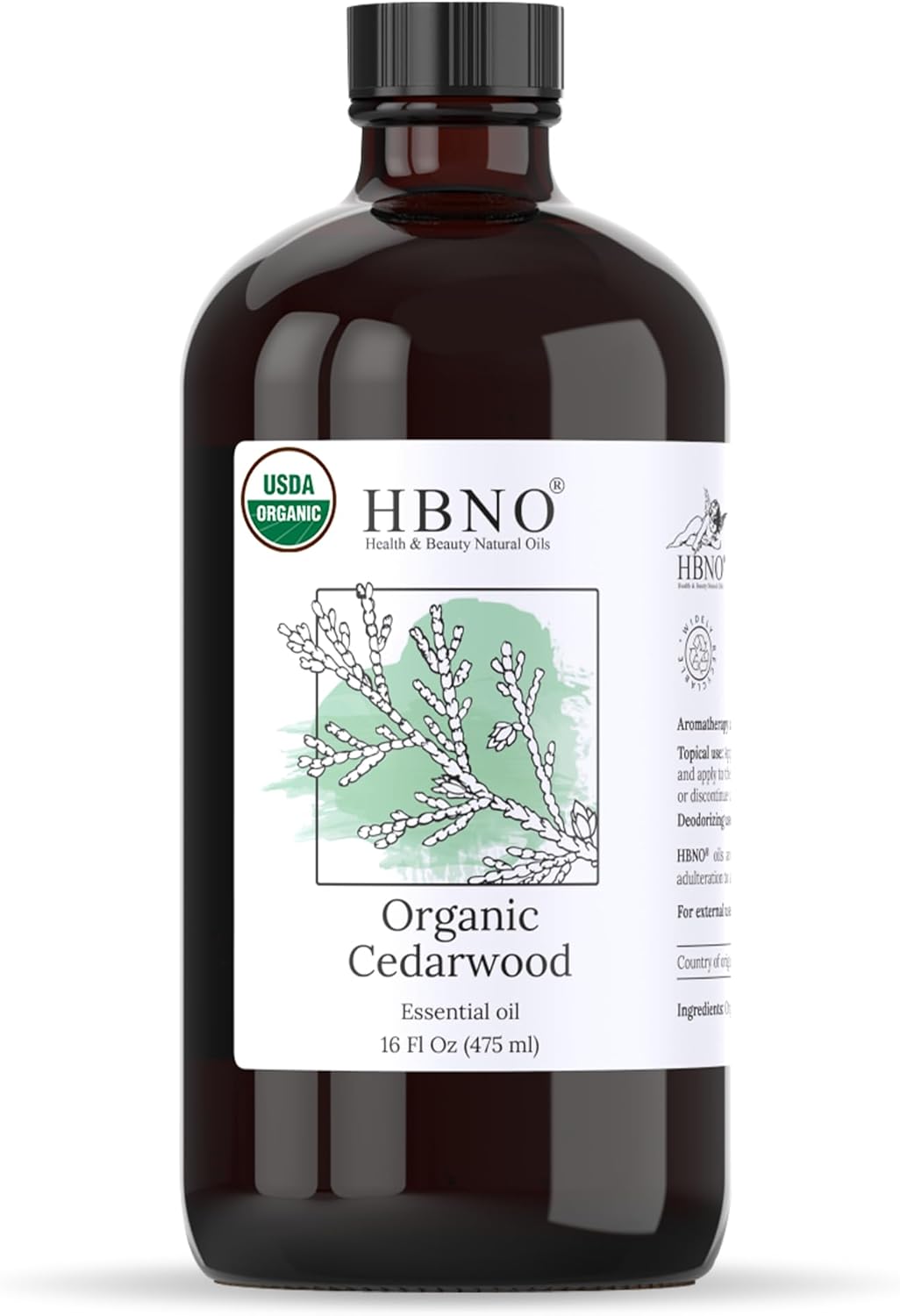 HBNO Organic Cedarwood Oil - Huge 16 oz (475ml) Large Size - Ideal for Diffusers, Cleaning Agents, Deodorizers.