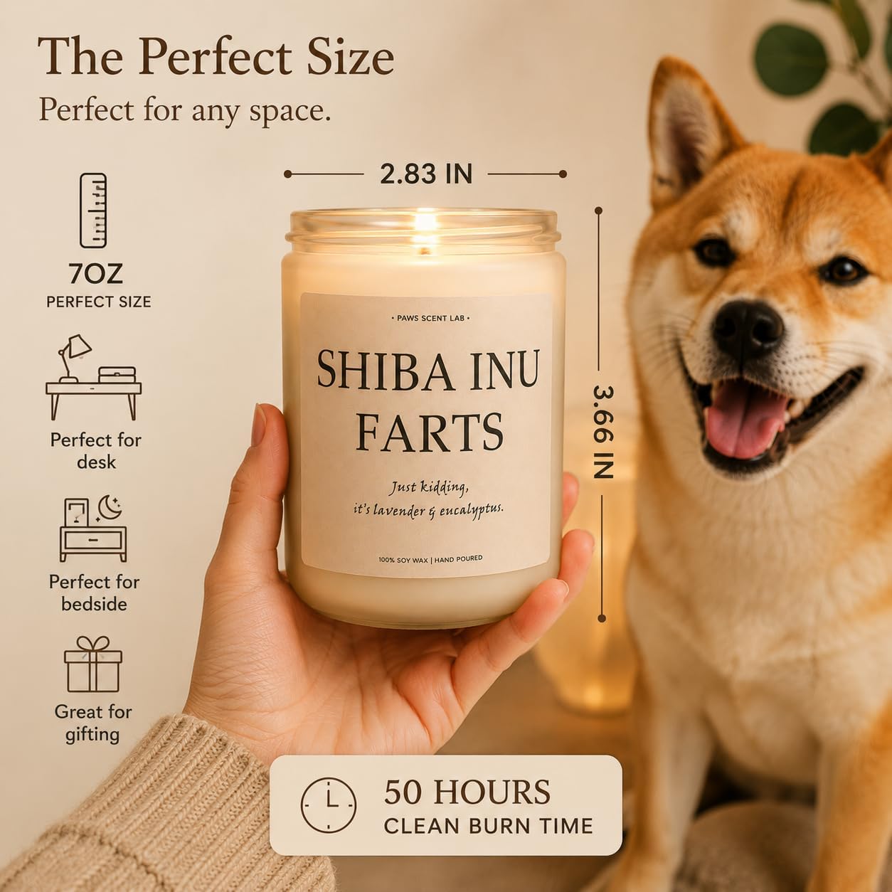 Shiba Inu Gifts & Decor, Dog Farts Candle, Dog Mom Gifts for Women - Lavender & Eucalyptus, Crafted by Natural Soy Wax & Natural Essential Oils, 7OZ