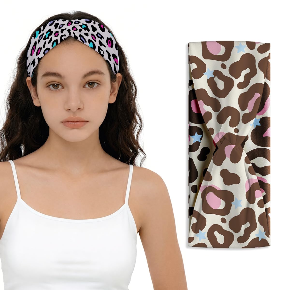IAXIC Women Headbands Leopard Wide 2 Pack, Non-Slip Elastic Hair Accessories for Makeup Spa Skincare