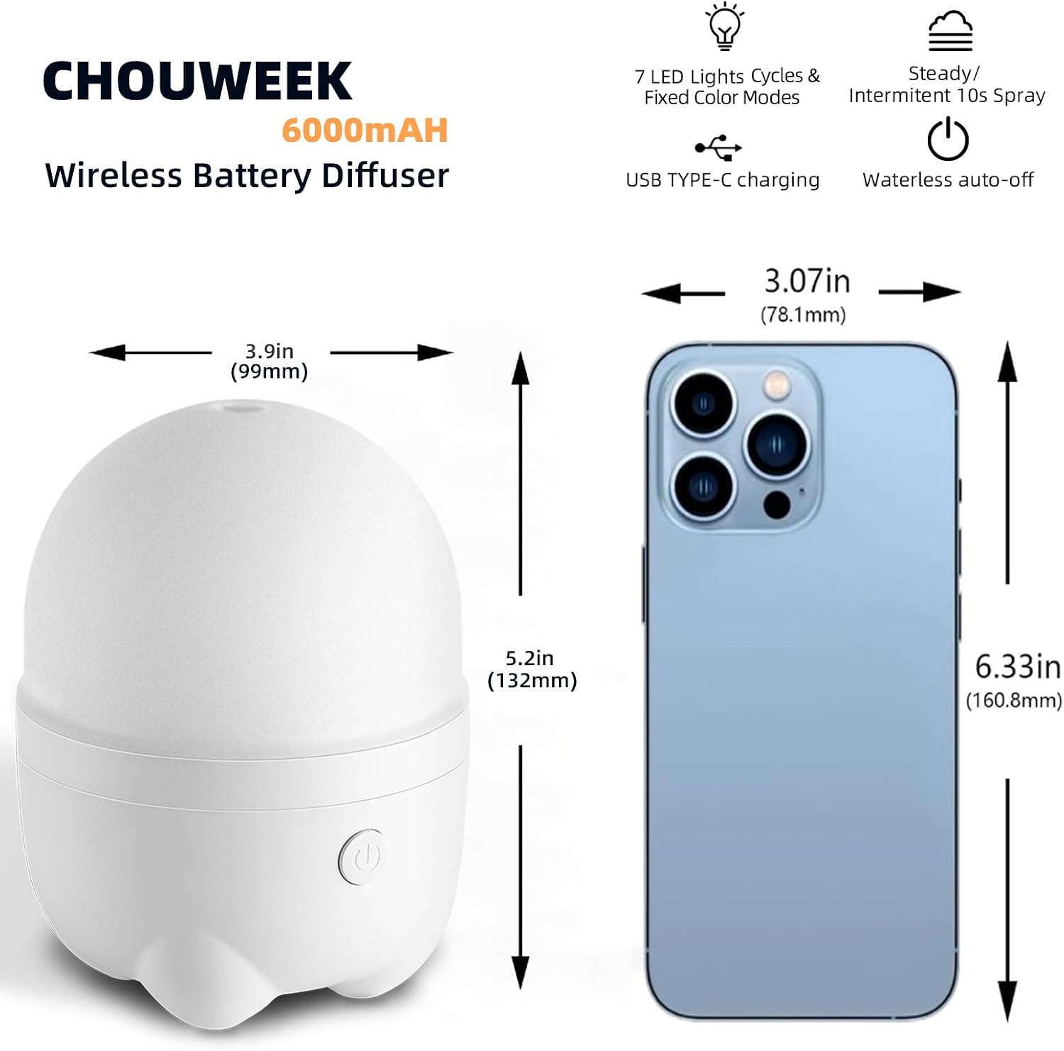 Cordless Rechargeable Diffuser for Essential Oil, Battery Operated & Wireless USB Aroma Diffuser Humidfer, Mini Portable Scent Diffuser for Aromatherapy (150ml)