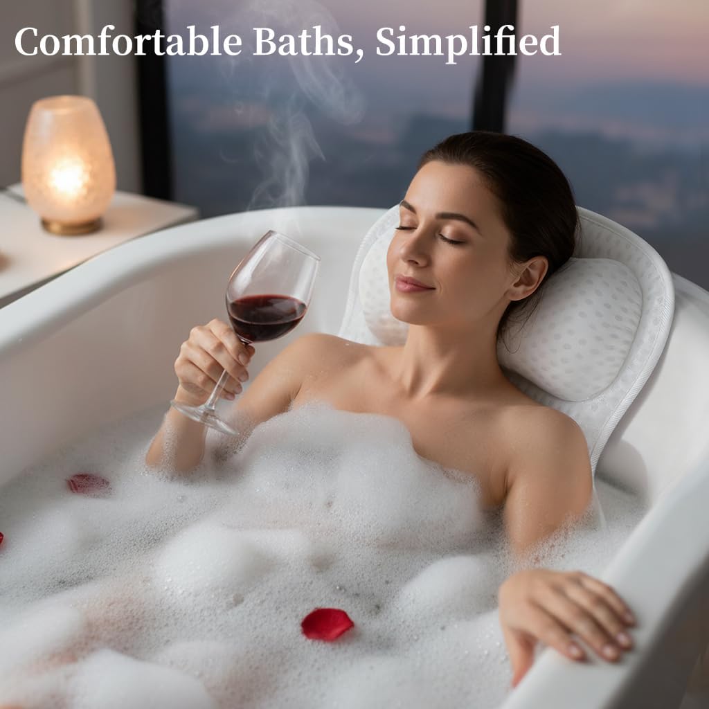 AmazeFan Luxury Bath Pillow,Ergonomic Bathtub Spa Pillow with 4D Air Mesh Technology and 6 Suction Cups,Helps Support Head,Back and Neck,Fits All Bathtub,Hot Tub and Home Spa (US Patent) (White)