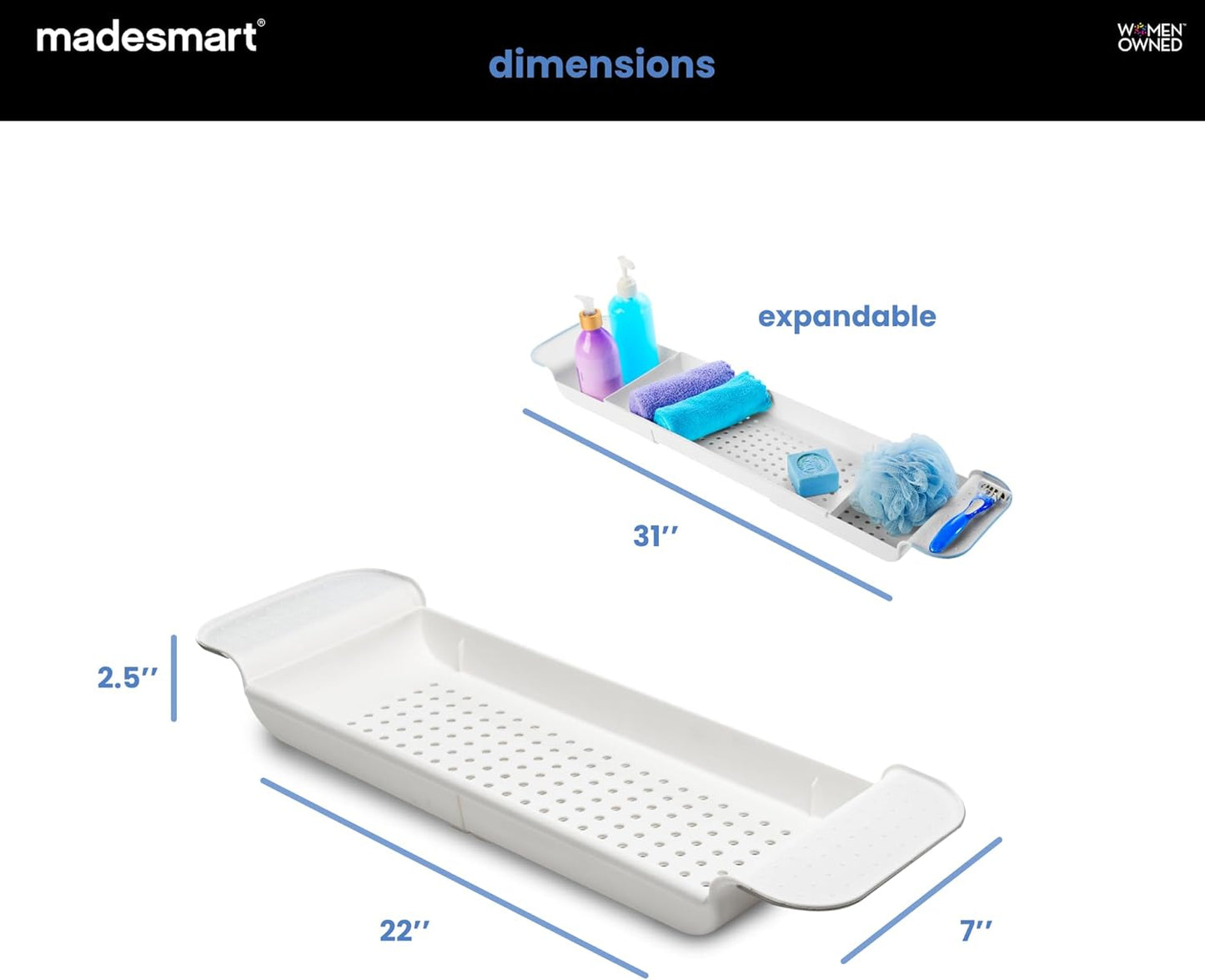 madesmart Expandable Bath Shelf, Adjustable Bathtub Tray for Bath-Night, Holds Glasses, Soaps, Toys & Bath Essentials, Non-Slip Grip, Fits Most Tubs, White
