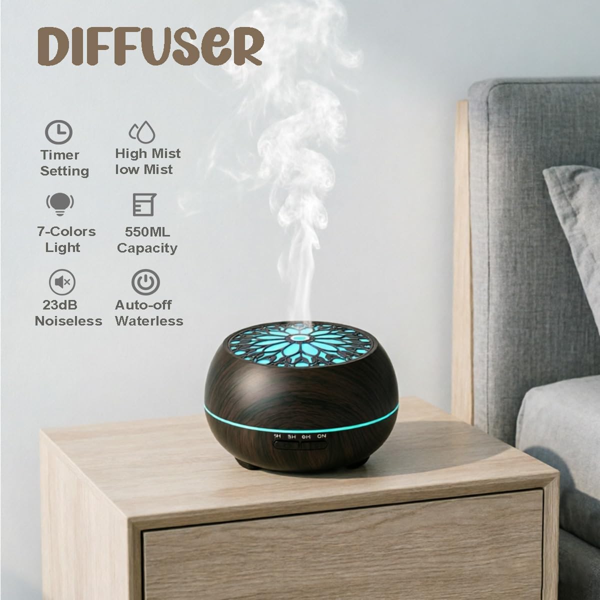Essential Oil Diffuser for Home,Large Capacity 550ml Diffuser with Remote for Large Room,Mini Humidifier with LED Night Lights for Office Room Decor Gift for Women Men(Dark Wood Grain)