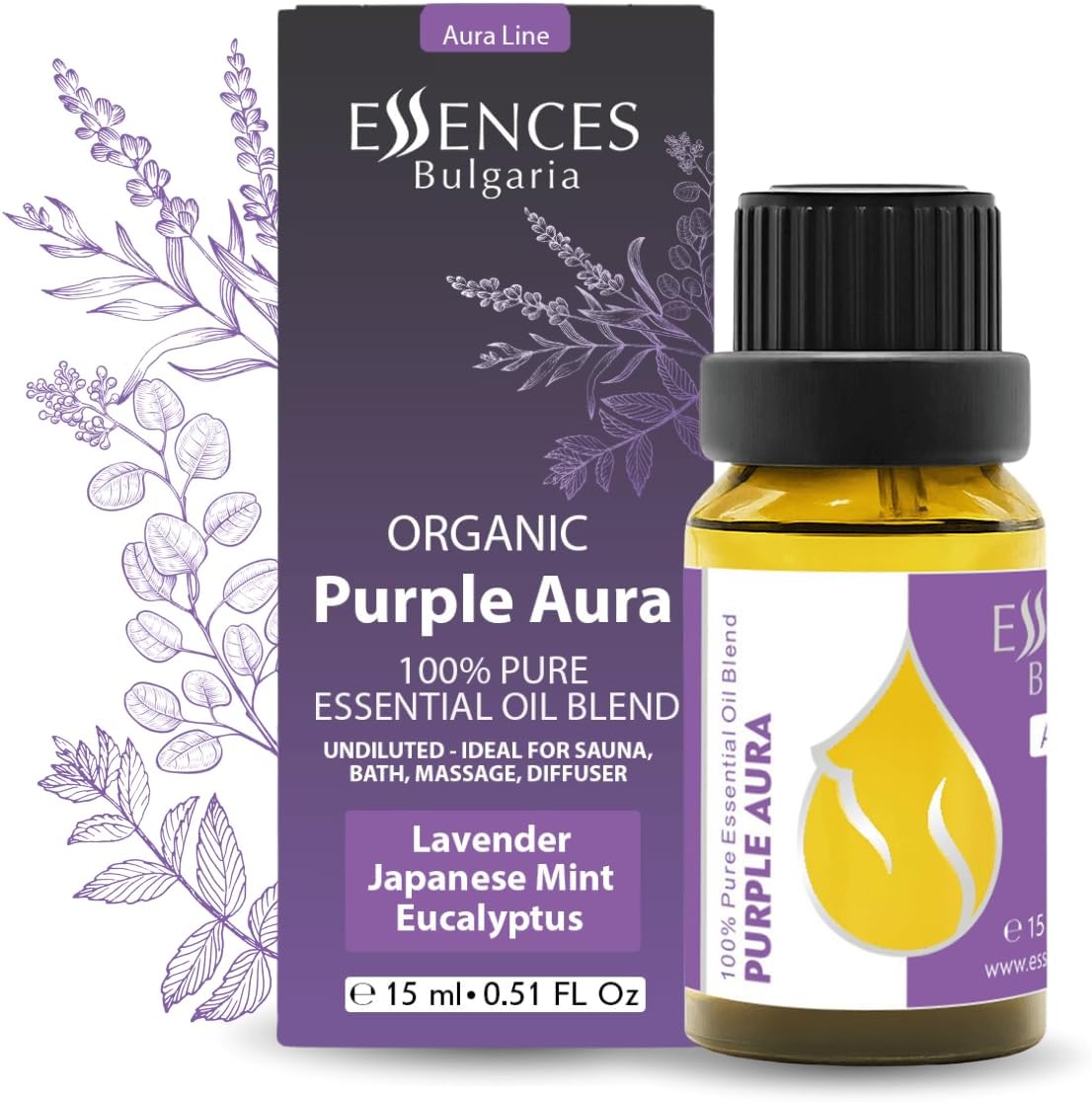Essences Bulgaria Purple Aura Organic Essential Oil Blend 0.51 Fl Oz | 15ml | Lavender, Japanese Mint, Eucalyptus | Aromatherapy, Sauna & SPA | 100% Pure & Natural | Undiluted