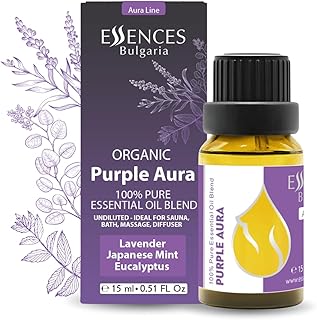 Essences Bulgaria Purple Aura Organic Essential Oil Blend 0.51 Fl Oz | 15ml | Lavender, Japanese Mint, Eucalyptus | Aromatherapy, Sauna & SPA | 100% Pure & Natural | Undiluted