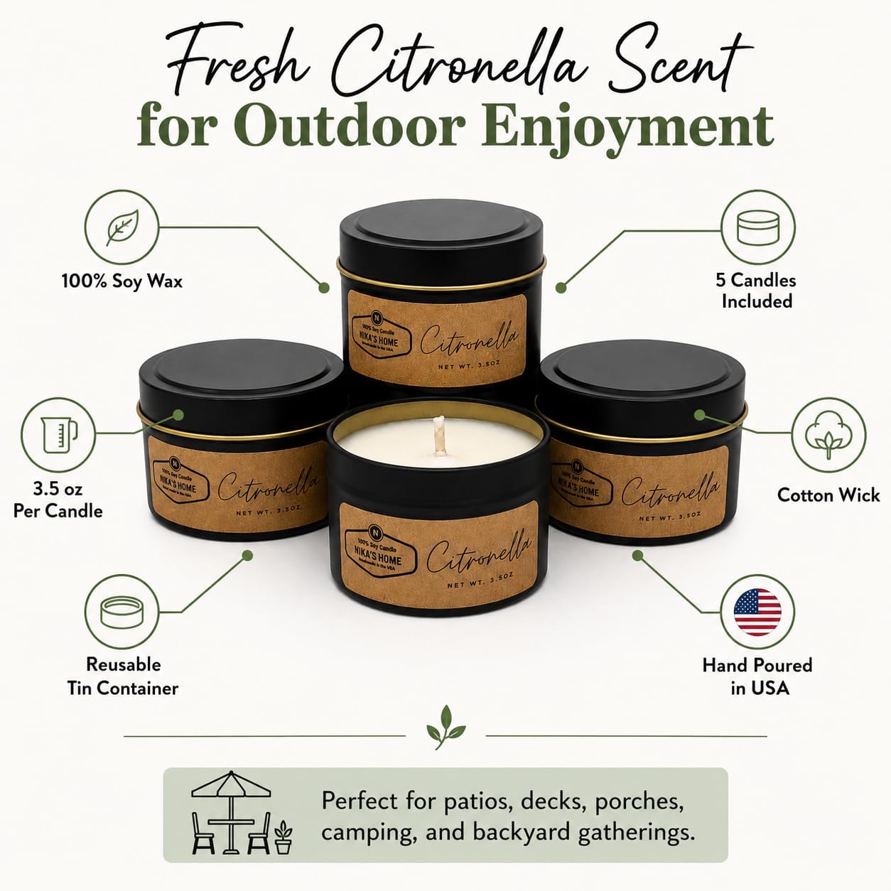 Citronella Soy Wax Candle Set, 5 Pack 3.5 oz Tins, Highly Scented Outdoor Decor for Patio, Deck, Camping & Backyard Gatherings, Hand Poured in USA