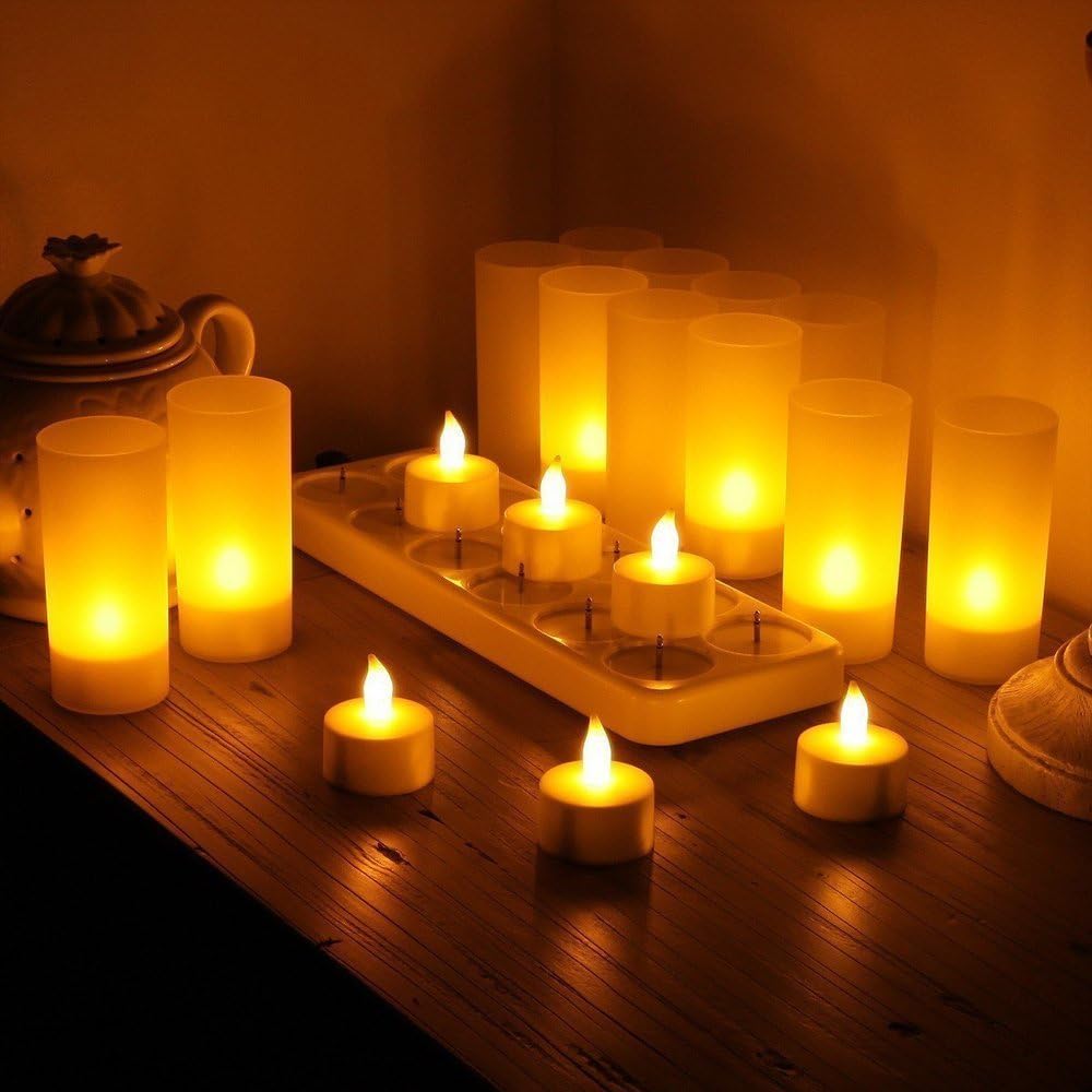 WoneNice Rechargeable Tea Lights Flickering Flameless Candles with Charging Base and AC Adapter, Romantic for Mother's Day Lantern Party Restaurants Weddings Christmas and Holiday Decoration