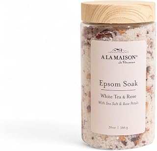 A LA MAISON Epsom Salt Bath Soak – White Tea & Rose – Muscle Relief Bath Soak with Magnesium – Relaxing Bath Salt – 20 oz – Amber Collection