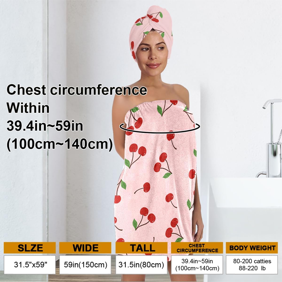 Women's Cherry Print Towel Wrap and Hair Drying Cap Set – Cute Pink Microfiber Shower Wrap with Adjustable Closure – Quick Dry Spa, Dorm, Beach Gift for Her