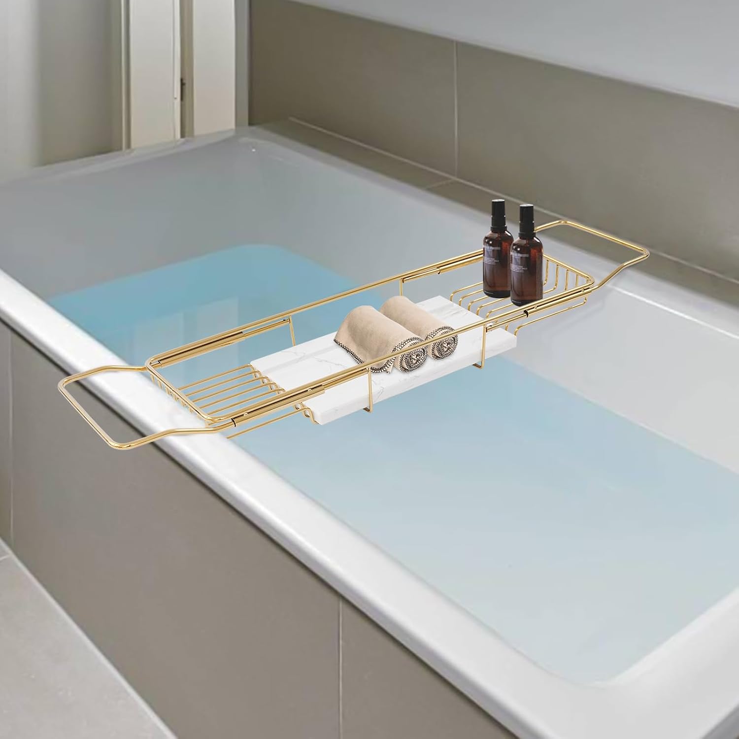 Expandable Bathtub Tray, Stainless Steel Bathtub Tray Caddy with Marble Board, Adjustable Bathtub Shelf Wide Bath Tub Tray for Spa Relaxation Bath Bombs (White+Gold)
