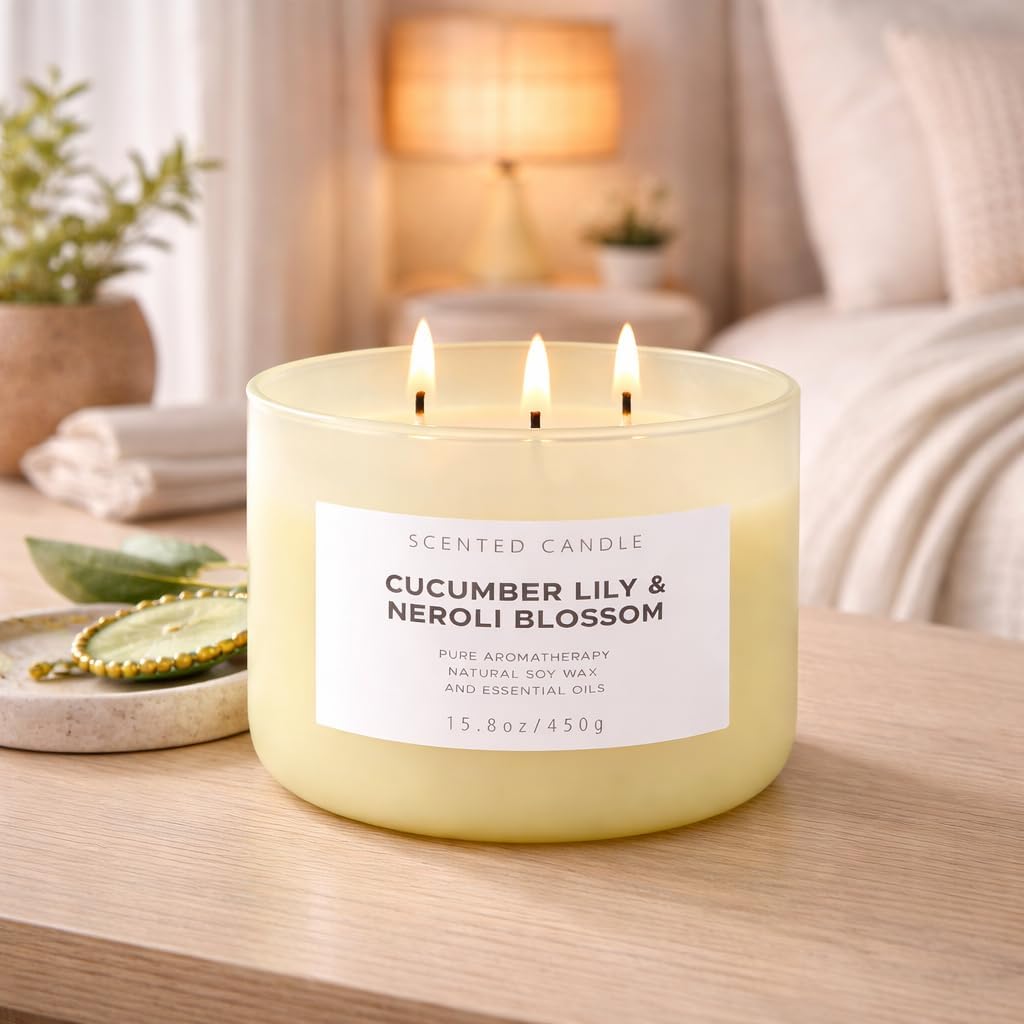 Cucumber Lily Neroli Blossom Candle | 3-Wick Large Soy Candle 15.8 oz | Fresh Cucumber Aromatherapy Candle for Women | Calming Floral Citrus Spa Scent | Long Lasting Clean Burn