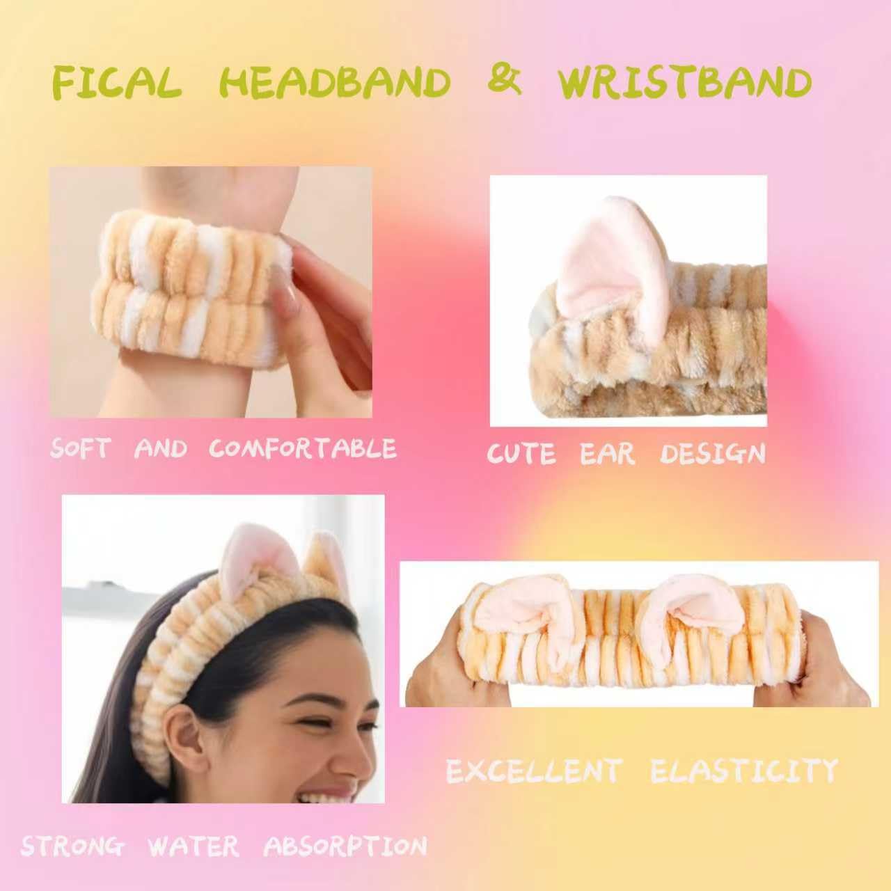 Cute Spa Headband and Wristband Set for Women Kawaii Cat Ear Yellow Makeup Headband for Washing Face (3PCS, Yellow)