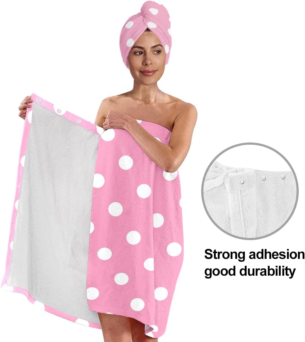 Pink White Polka Dot Bath Wrap Set with Hair Turban, Pink and White Dot Pattern Spa Towel Wrap, Towel Robe for Women