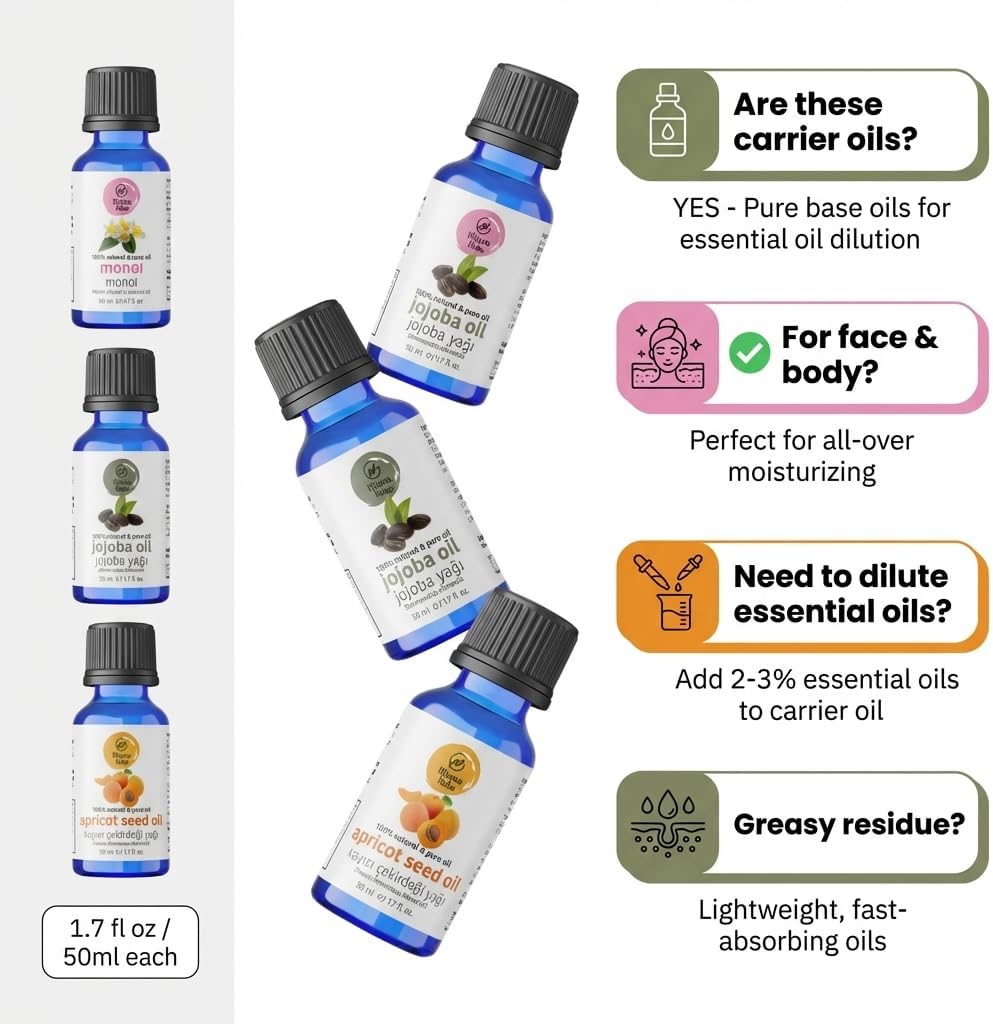 Jojoba Oil for Skin, Hair & Nails – Carrier Oils Set, Jojoba, Monoi & Apricot Kernel, 100% Pure Cold Pressed, Carrier Oil for Essential Oils Mixing, 1.7 fl oz Each, 3-Pack