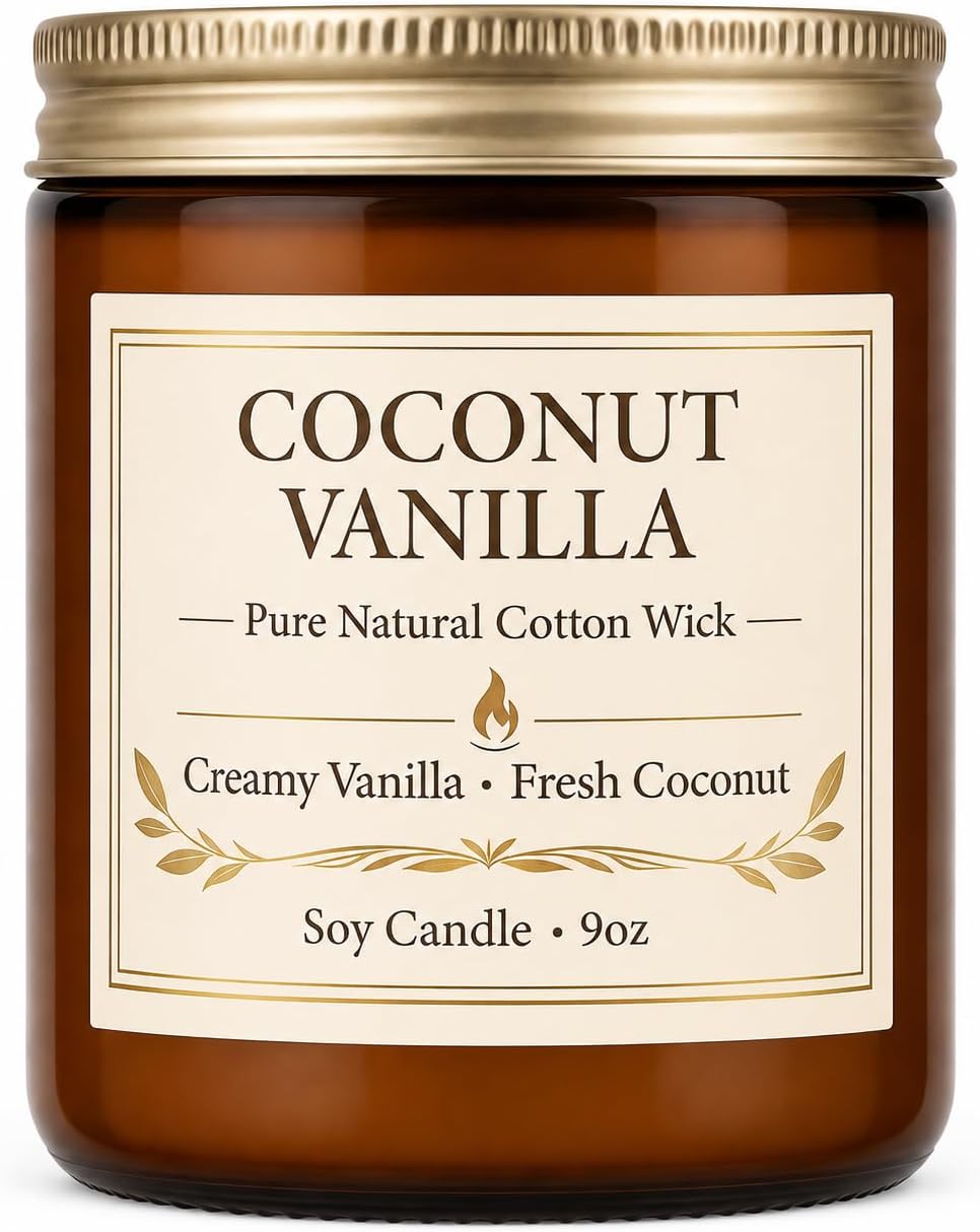 Coconut Vanilla Candle, 9 oz Soy Coconut Wax Scented Candle for Home, Vanilla Coconut Aromatherapy Candle, Clean Burning Jar Candle for Bedroom Bathroom Spa, Candle Gifts for Women Men