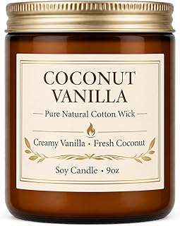 Coconut Vanilla Candle, 9 oz Soy Coconut Wax Scented Candle for Home, Vanilla Coconut Aromatherapy Candle, Clean Burning Jar Candle for Bedroom Bathroom Spa, Candle Gifts for Women Men