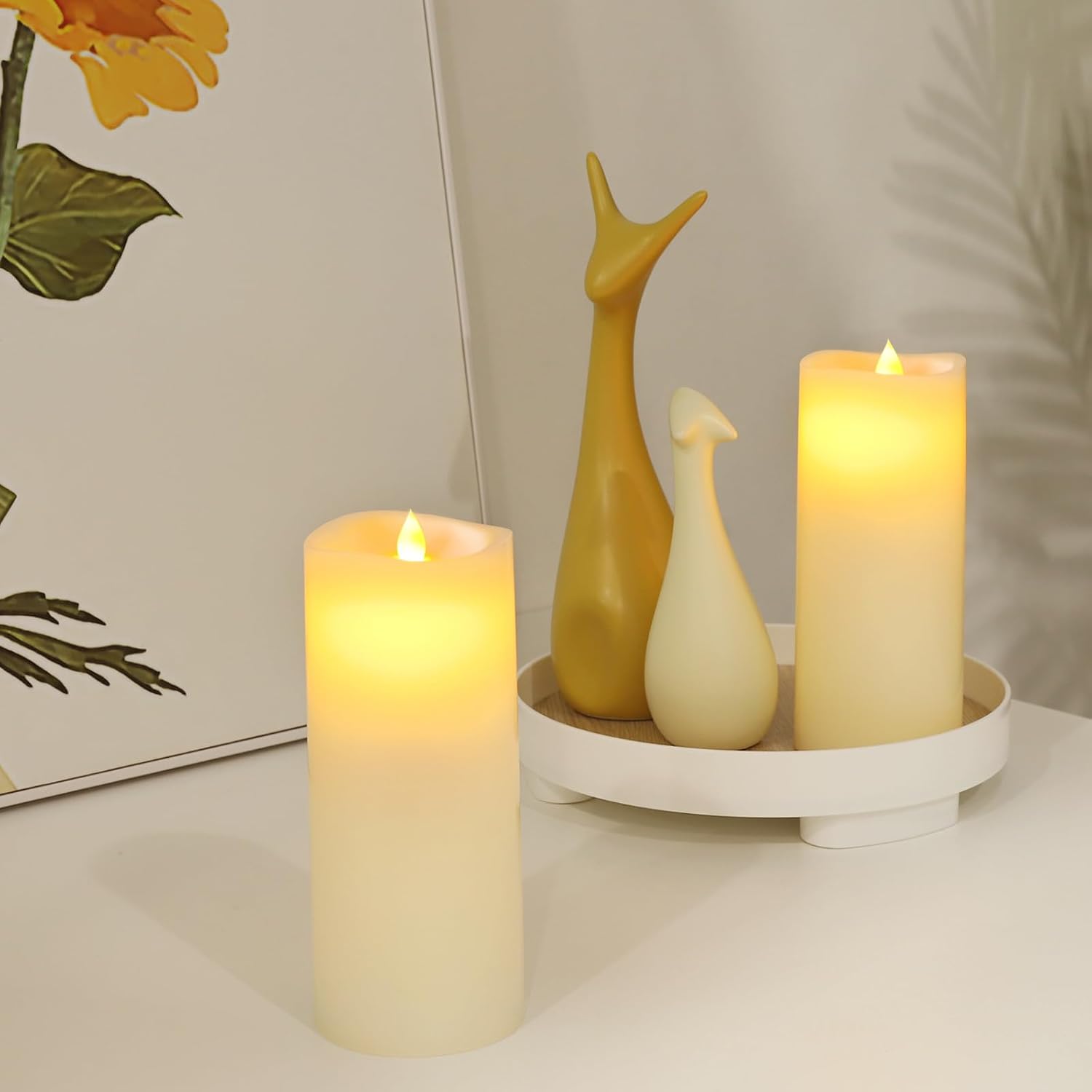 Enpornk 7” x 3” Flameless Candles, Flickering Moving Flame LED Candles, Battery Operated Candles with Remote and Timers, Ivory White, Set of 2