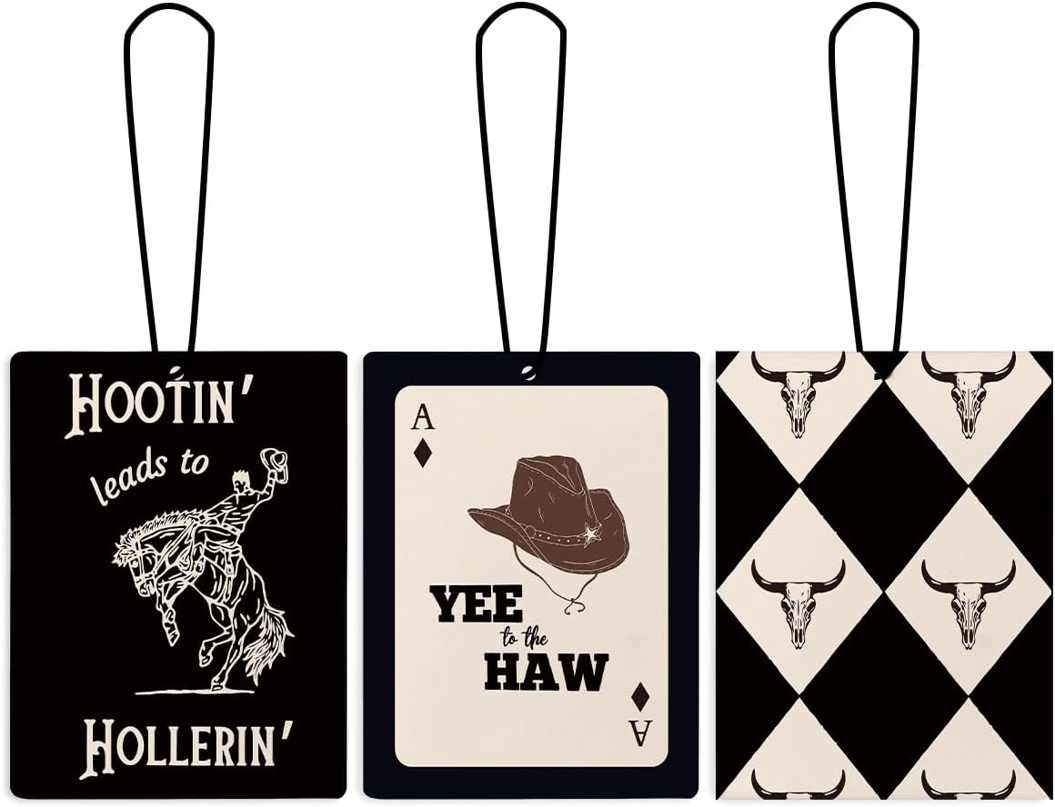 Preppy Western Funky Cowboy Car Air Freshener Hanging 3Pcs, Trendy Black Cowboy Air Freshener for Cars Closet Drawer or Books, Cute Western Car Accessories Mirror Decor for Women