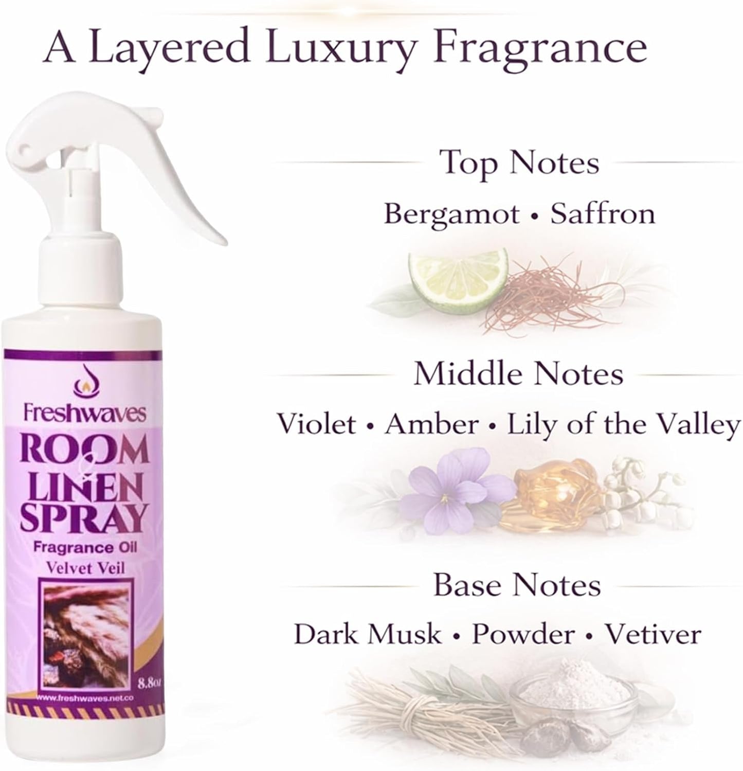 Freshwaves Room and Linen Spray | Velvet Veil Scent | Fragrance Oil | 8.8 Ounce | Air Spray Freshener | Room Spray Odor Eliminator | Air Freshener Sprays for Living Room | Bedroom | Restroom | Office