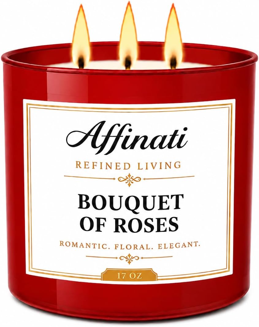 Affinati Bouquet of Roses 3 Wick Scented Candle – Large Soy Blend Candle, Strong Scent Throw Fresh Floral Bouquet Aromatherapy Candles, Premium Elegant Gift for Women