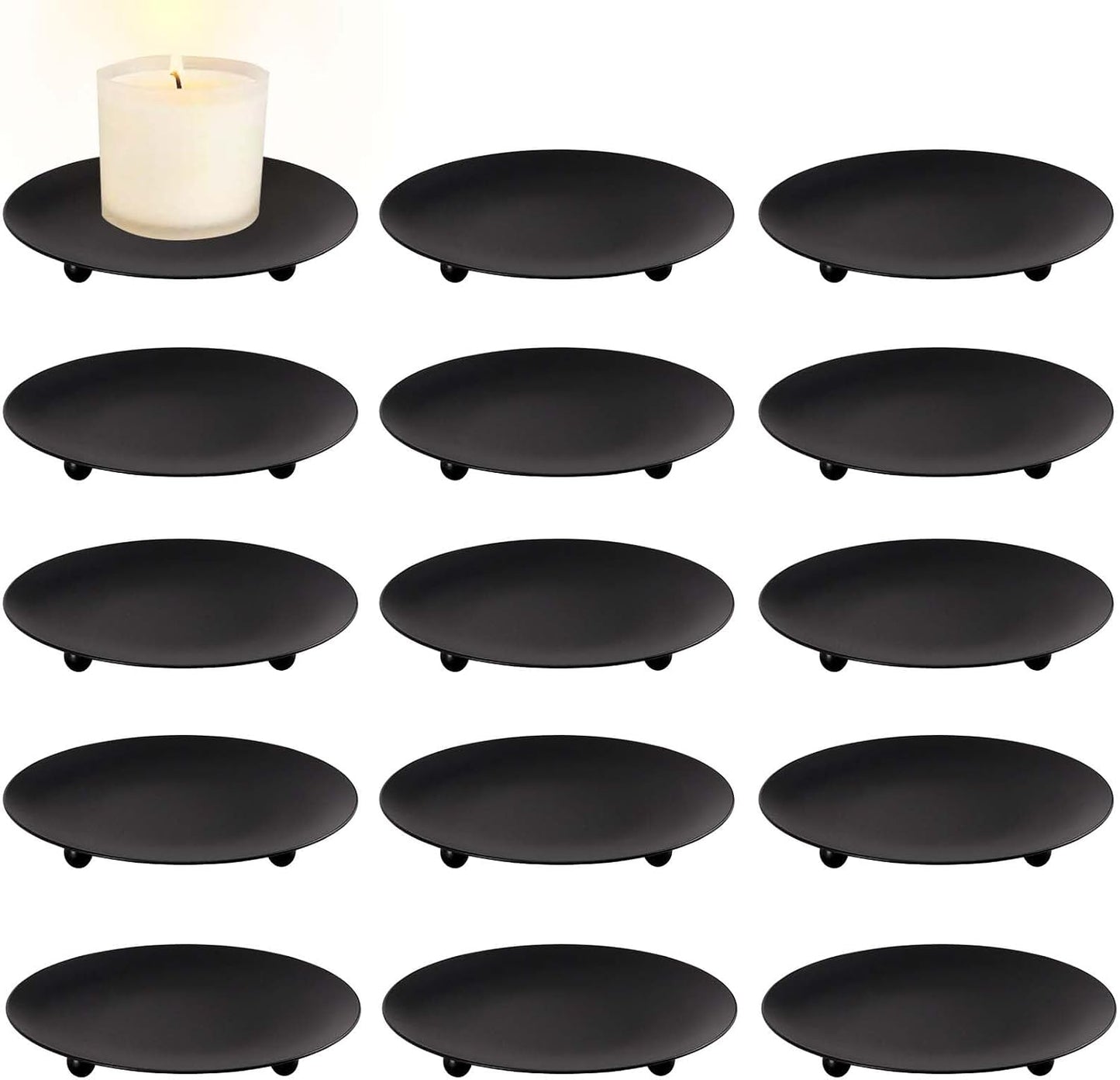 15 Pack Iron Plate Candle Holder, 4 Inch Black Candle Stand Plates for LED & Wax Candles, Decorative Iron Plate for Valentines Weddings Party Decorations