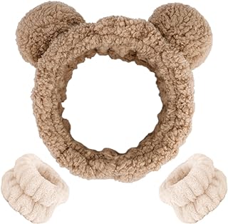 AHONEY Spa Bear Ears Headband, Face Wash Headband and Wristband Set, Cute Fluffy Makeup Skincare Headbands Wrist Bands for Washing Face Elastic for Women Girls Cosmetic (Khaki)