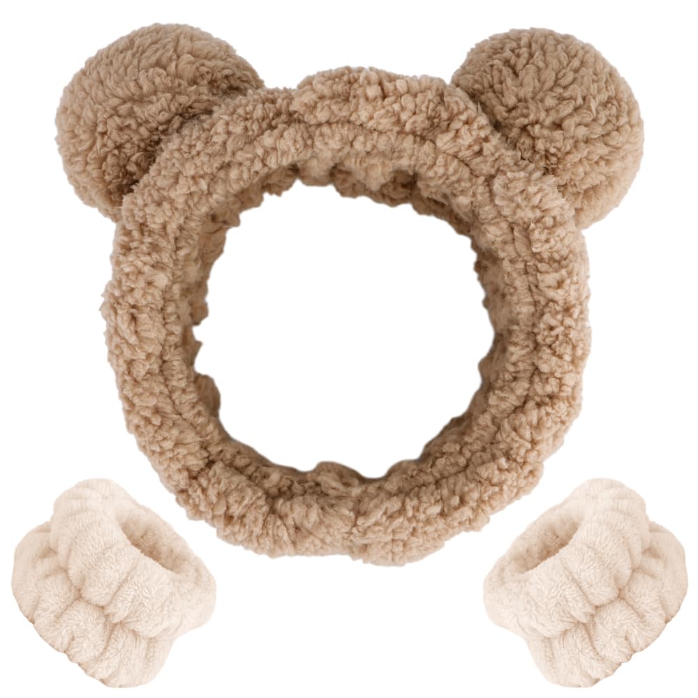AHONEY Spa Bear Ears Headband, Face Wash Headband and Wristband Set, Cute Fluffy Makeup Skincare Headbands Wrist Bands for Washing Face Elastic for Women Girls Cosmetic (Khaki)