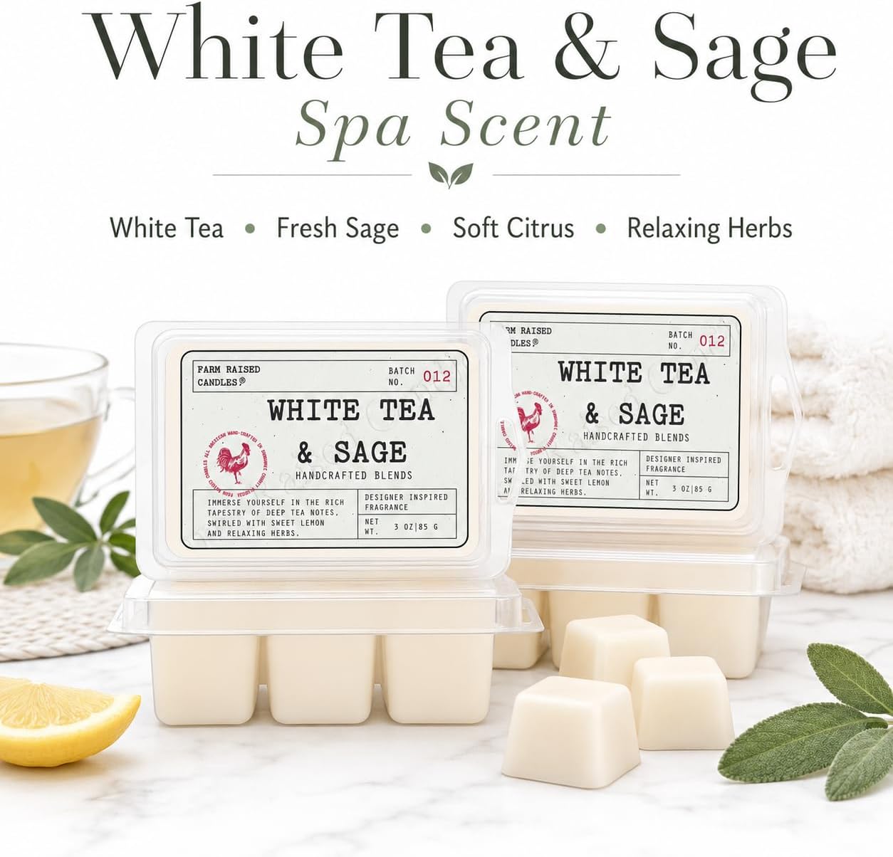 White Tea & Sage - USA Made Soy Wax Melts, 2 Pack, 6 oz | 2 clamshells, 6 oz total, 12 cubes • clean resort spa scent • USA-grown soy wax