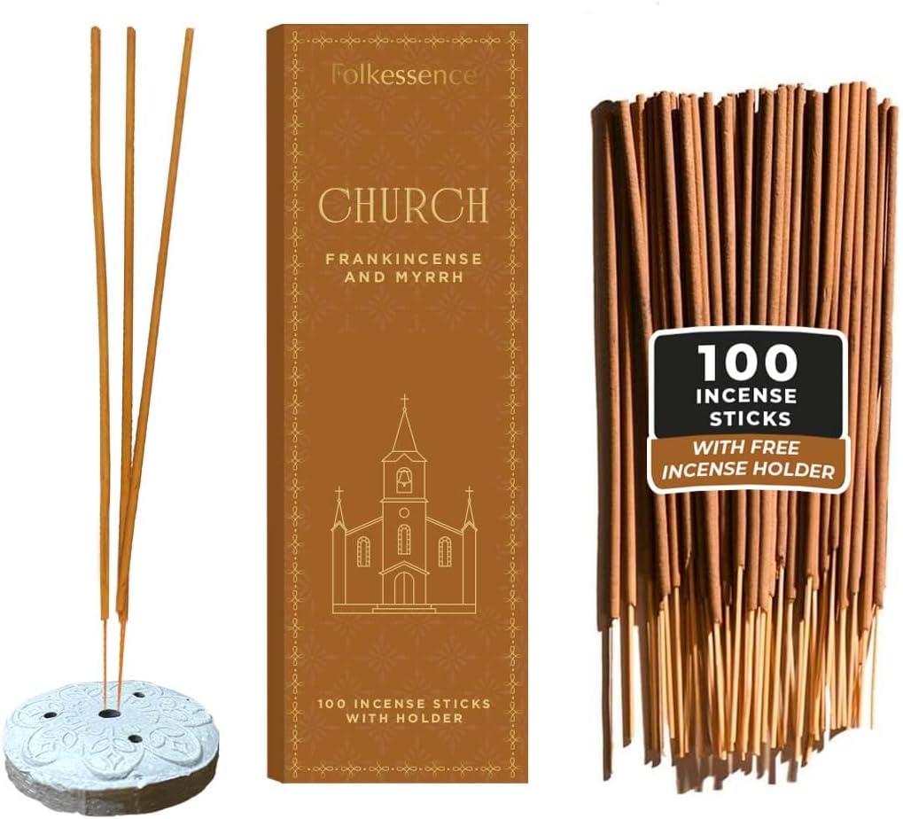 Folkulture Church Incense Sticks with Holder (100 Sticks) | Frankincense & Myrrh Catholic Incense Stick for Prayer, Daily Worship | No Charcoal,Organic,Non Toxic, 45 Mins, Long Burning Insence-Sticks