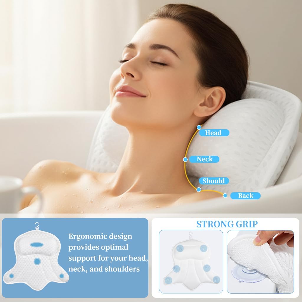 AmazeFan Luxury Bath Pillow,Ergonomic Bathtub Spa Pillow with 4D Air Mesh Technology and 6 Suction Cups,Helps Support Head,Back and Neck,Fits All Bathtub,Hot Tub and Home Spa (US Patent) (White)