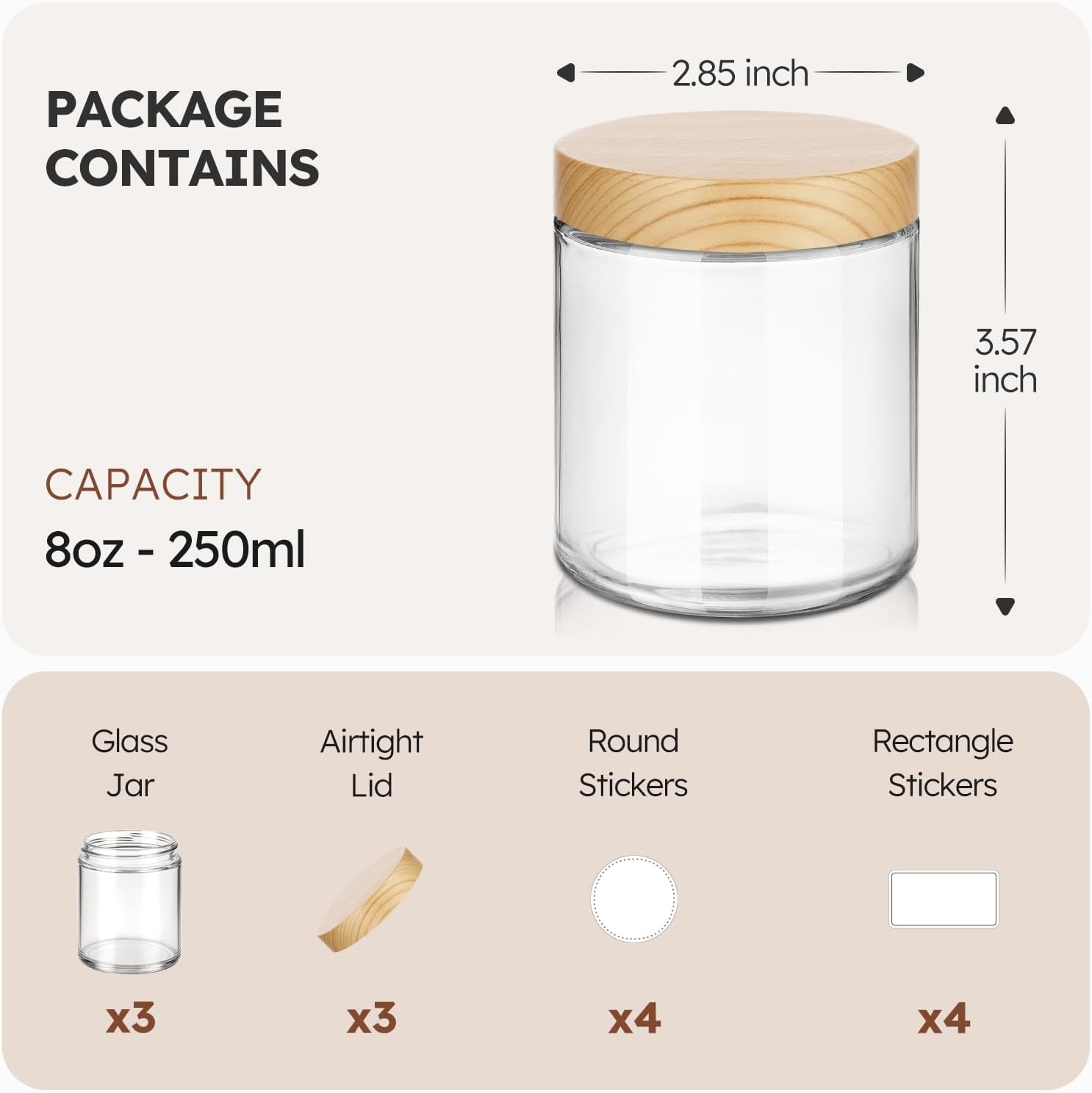 Tecohouse 8oz Glass Jars with Plastic Woodgrain Lids, 3 Pack Candle Jars with Blank Labels, 250g Clear Glass, Wide Mouth | Cosmetic Containers for Sample, Cream, Lotion, Honey, Powder, Jelly