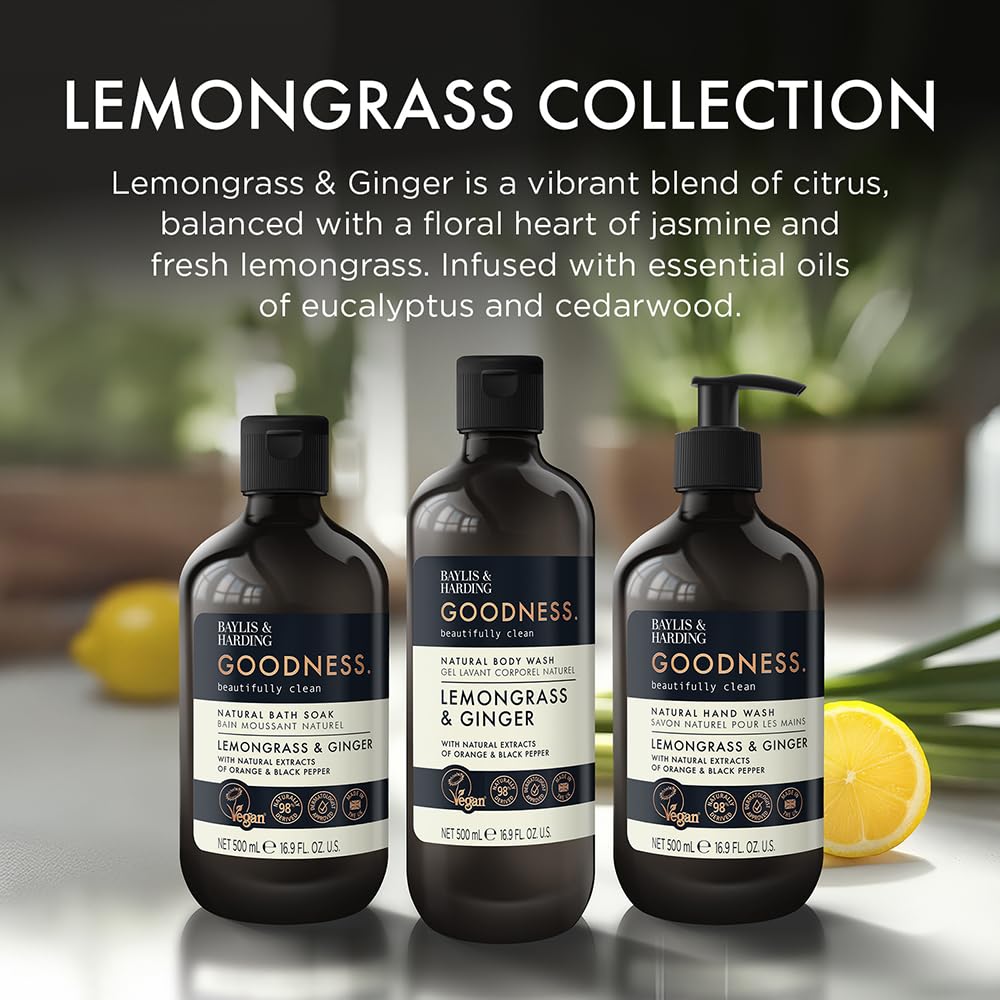Baylis & Harding Goodness Lemongrass & Ginger Natural Bubble Bath 16.9 fl. oz (Pack of 3) - Biodegradable Formula - Vegan Friendly