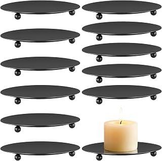 JEUIHAU 12 Pcs 4 Inch Candle Holder Trays, Round Decorative Iron Plate Candle Stand Tray, Plate Metal Candlestick Holder for Wedding Party, Home Table Decor, Spa, Pillar, Wax, Led Candles, Black