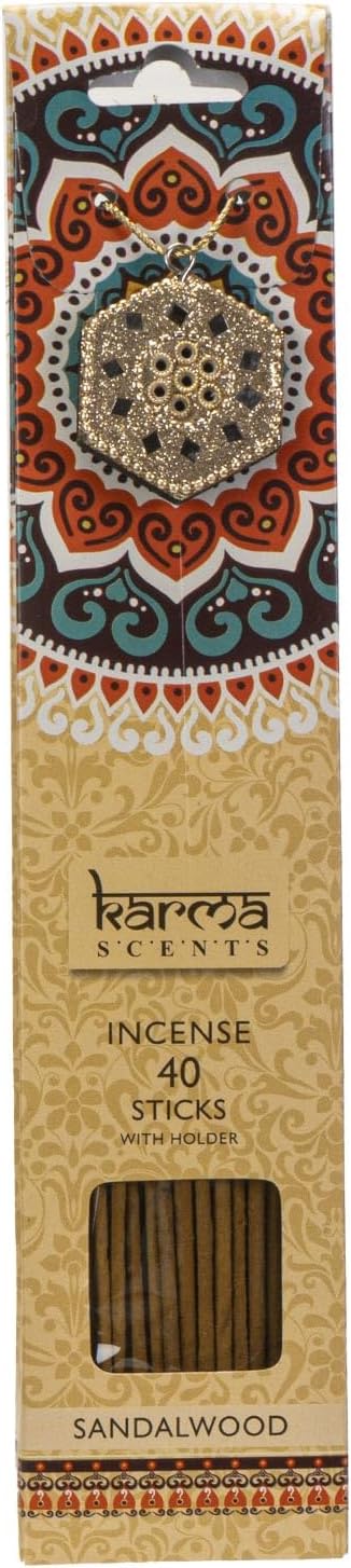 Pacific Giftware Karma Sandalwood Incense Sticks with Decorative Gold Hexagonal Holder, 40 Count, Aromatic Sandalwood Incense for Meditation, Yoga, Relaxation, Spiritual Rituals and Home Fragrance