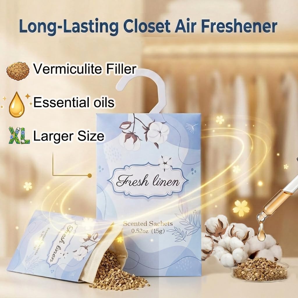 12 Packs Fresh Linen Hanging Scented Sachets for Drawers and Closets with Retractable Hook| Long-Lasting Closet Air Freshener & Closet Deodorizer | Closet Scent Freshener (Fresh Linen)