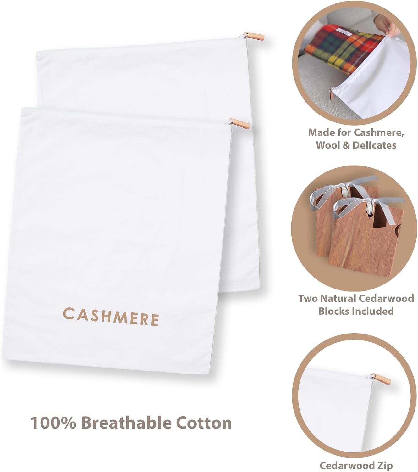 Cashmere Wool Sweater Storage Bag Pouch Set with integrated Cedar Wood