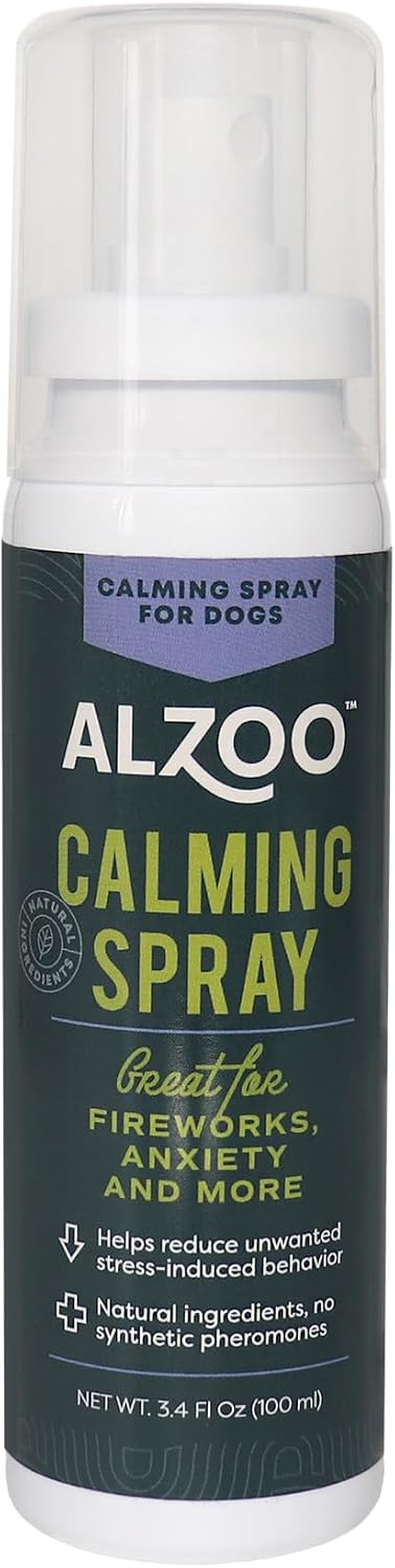 ALZOO Calming Spray for Dogs, Helps to Relieve Stress from Separation Anxiety, Travel, Vet Visits, Fireworks, etc., 100% Plant-Based Active Ingredients, 3.4 Fl. Oz Spray Bottle