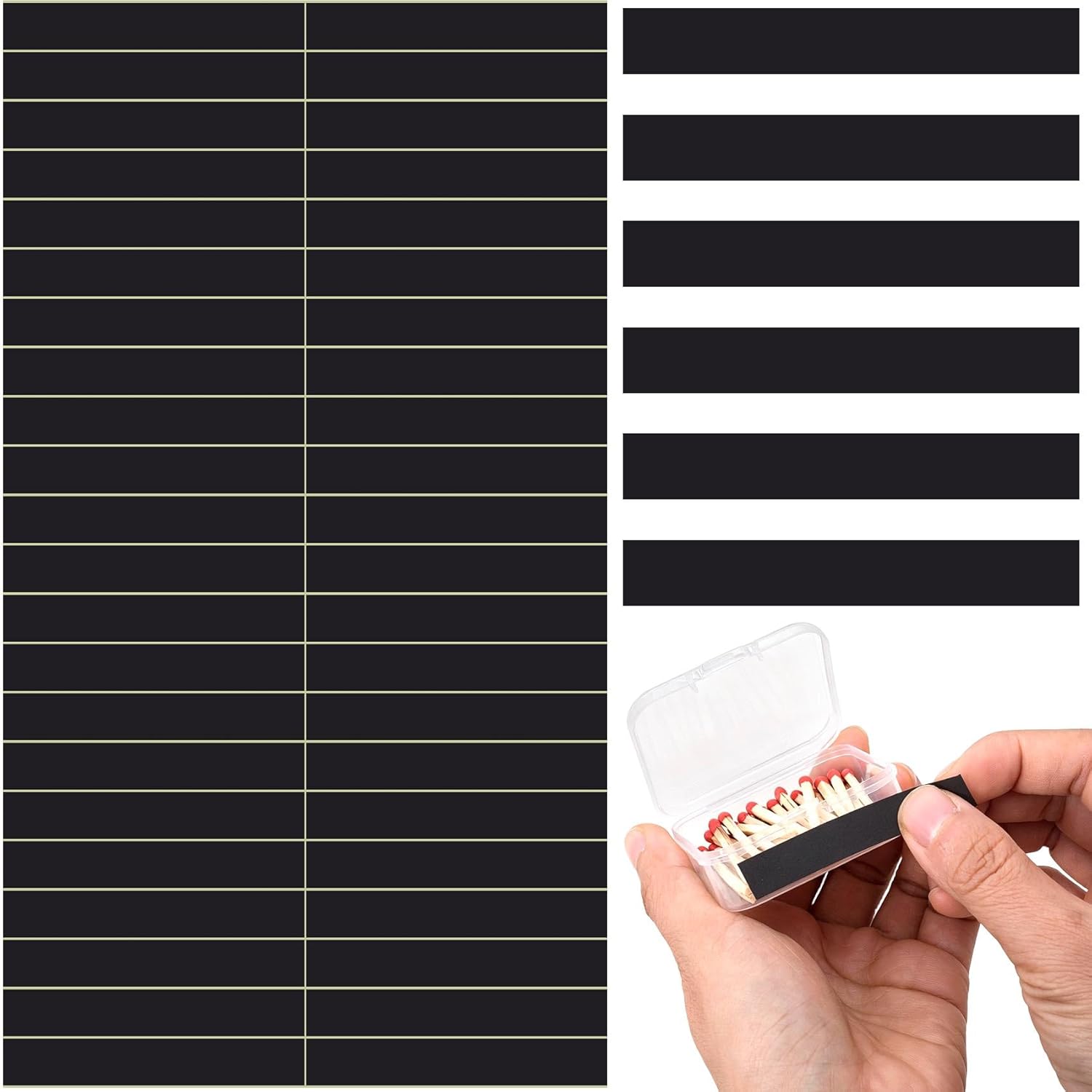 42pcs Match Striker Stickers, Rectangular Adhesive Match Strips for Candles Fireplace Bottles Jars, Portable Matches Striker Strips for Camping Hiking Outdoor DIY Crafts - Black