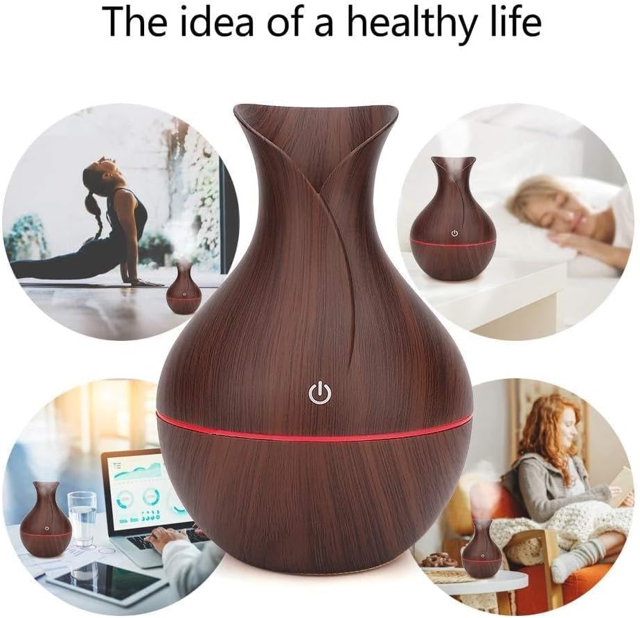 Essential Oil Diffuser, Dark Wood Grain Finish, 300ml Ultrasonic Cool Mist Humidifier with LED Light, Vase Design