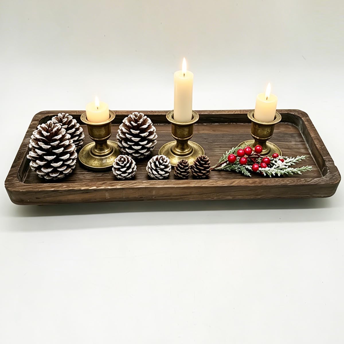 16x6.5x1 Inch Distressed Large Wooden Candle Tray, Christmas Rustic Farmhouse Tealight Holder for Table Centerpiece (Large Brown)