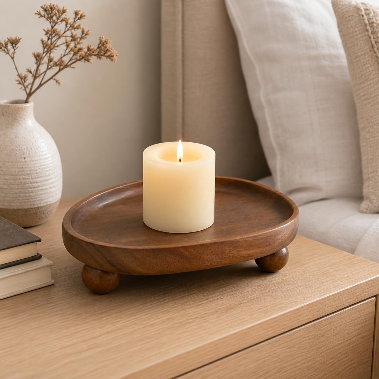 Candle Tray, Wooden Candle Holder with Ball Feet, Decorative Candle Plate Candlestick Holder, Rustic Soap Dish Jewelry Tray for Bathroom, Vanity, Coffee Table, Party, Wedding and Home Decor