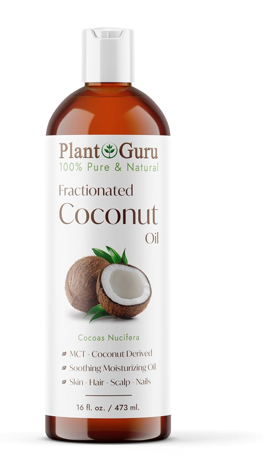 Plant Guru Fractionated Coconut Oil 16 fl. oz. 100% Pure MCT Natural Carrier - Skin, Face, Body, Massage and Hair Growth Moisturizer, Great for Diluting Aromatherapy Essential Oils