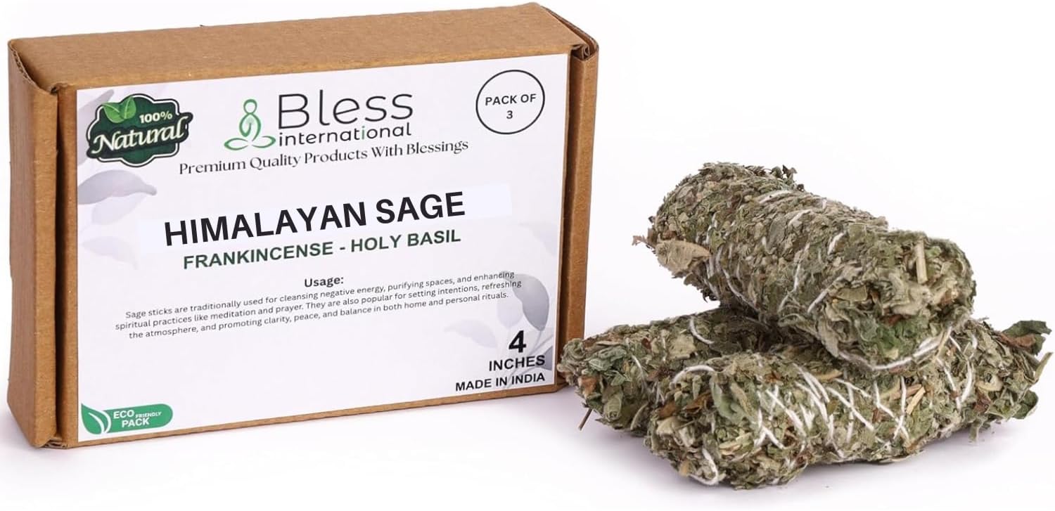 Bless-International Himalayan-Sage-Holy-Basil-Frankincense-Incense Premium-100%-Natural-and-Organic Handcrafted-4-Inches-Long Used-for-Home-Cleansing-Meditation-Smudging-Rituals