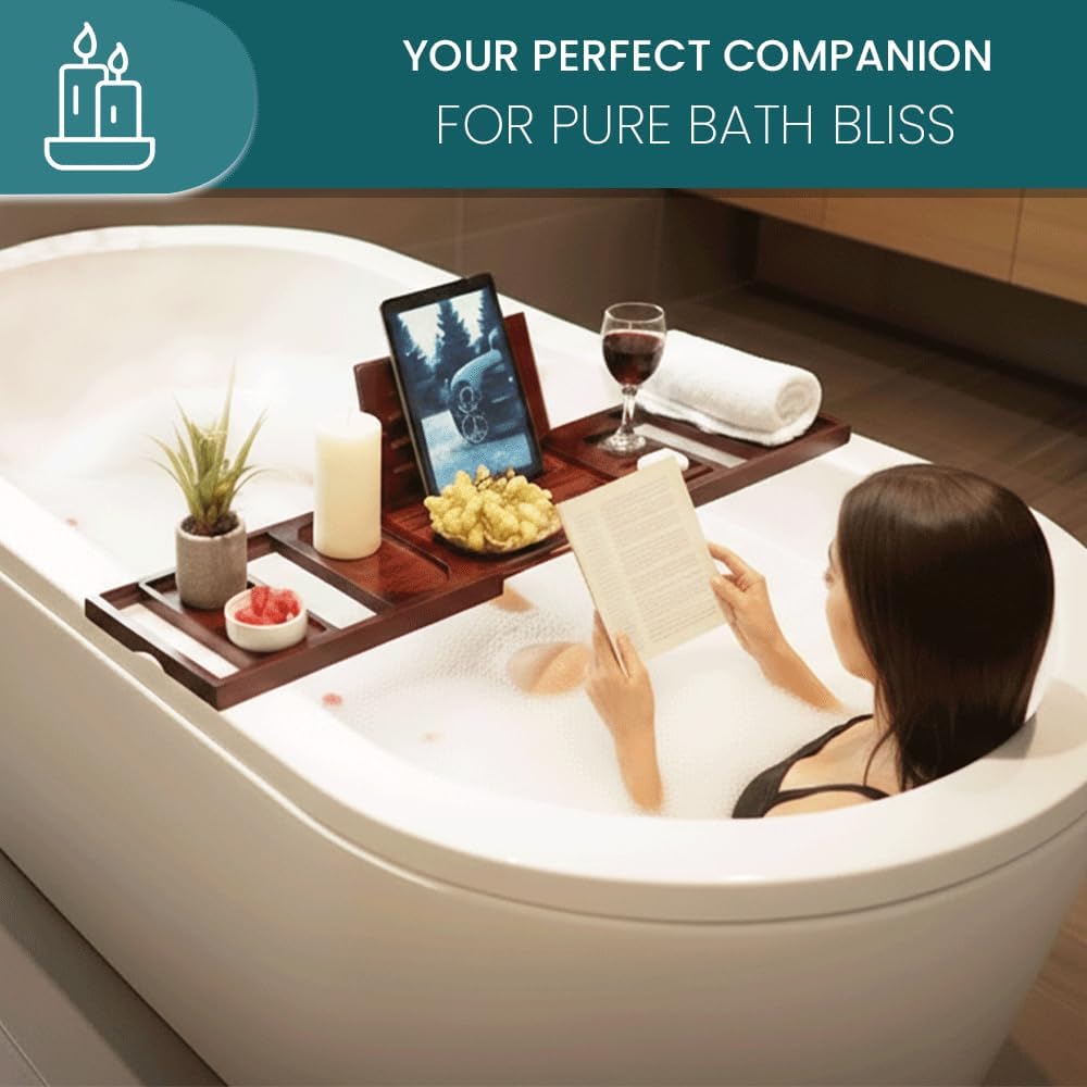 Bathtub Tray and Bath Pillows for Tub – Expandable Bamboo Bathtub Caddy with Phone & Wine Holder, Soft Bath Pillows for Tub & Head/Neck Support