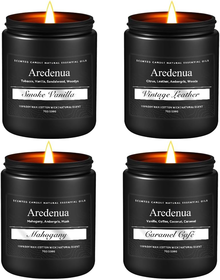 Men’s Candle Set for Dad, 4 Pack Masculine Scented Candles – Gentlemen Candle Aromatherapy Gifts for Fathers Day - Soy Candles for Home, Scent of Leather/Smoke & Vanilla/Mahogany/Coffee