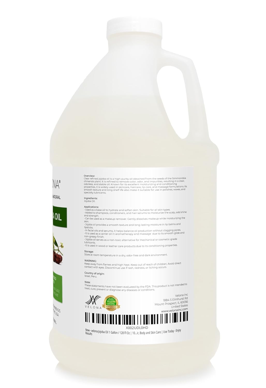 velona Jojoba Colorless Oil 1 Gallon / 128 Fl Oz | 100% Pure and Natural Carrier Oil | Clear, Refined, Cold Pressed | Moisturizing Face, Hair, Body and Skin Care | Use Today - Enjoy Results