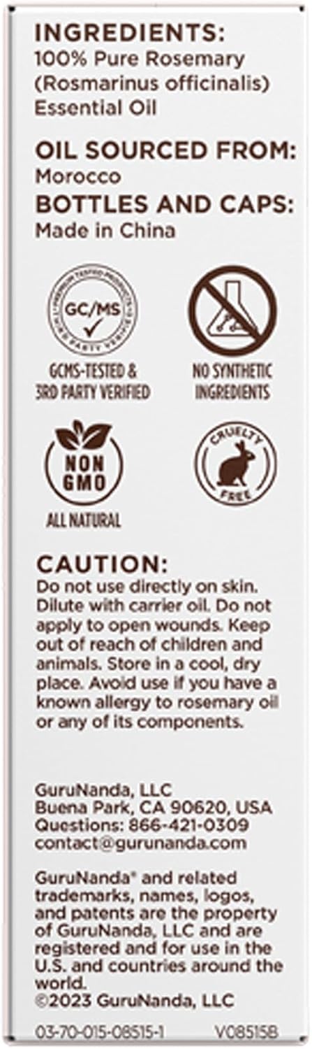 GuruNanda Rosemary Essential Oil - 100% Pure & Natural, Undiluted, Non-GMO - for Hair, Skin & Aromatherapy Diffuser - 15ML