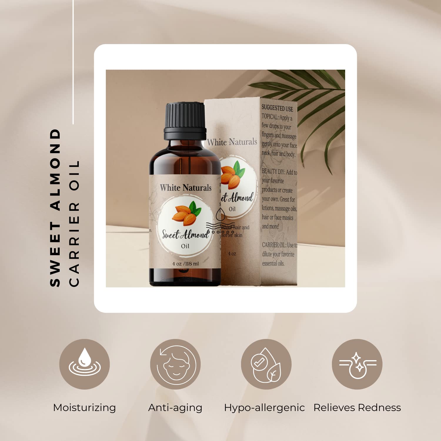 White Naturals Sweet Almond Oil for Hair and Skin, 100% Pure and Natural Cold Pressed, Hexane Free, Skin Moisturizer, Nails, Massage, Carrier Oil