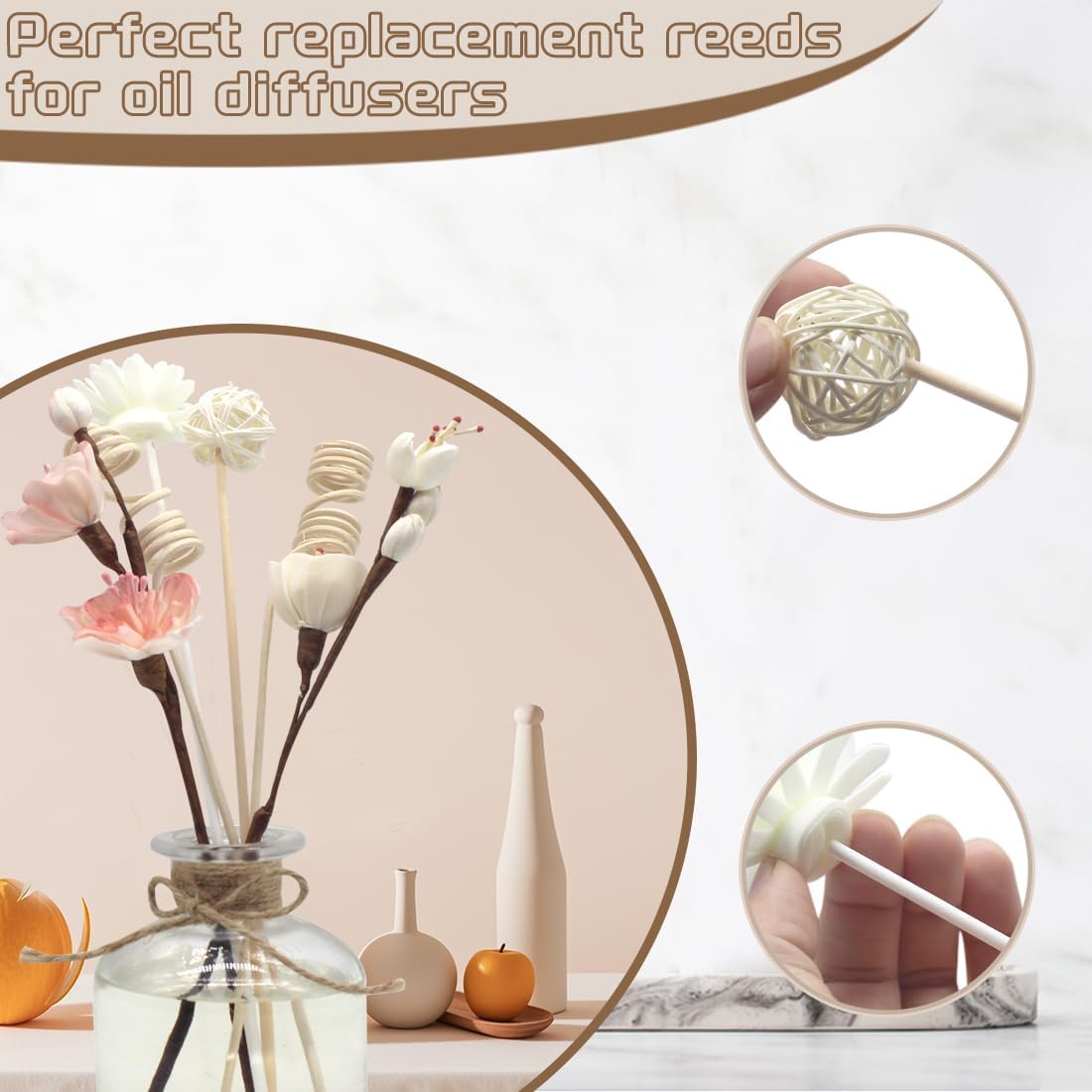 16Pcs Natural Rattan Reed Diffuser Sticks with Handmade Flowers, Aroma Fragrance Diffuser Refill Replacement Set, Strong Scent Absorption for Home Office Bedroom Decor