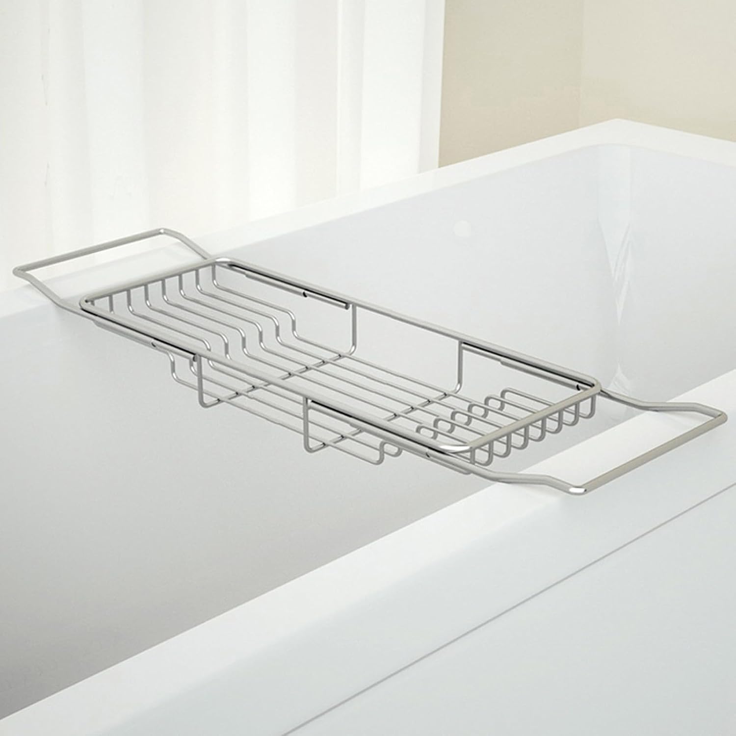 Stainless Steel Bathtub Caddy Tray, Expandable Bath Tub Table, Adjustable Bathroom Tray, Bath Organizer Tub Shelf,Silver,26.8~35.4in